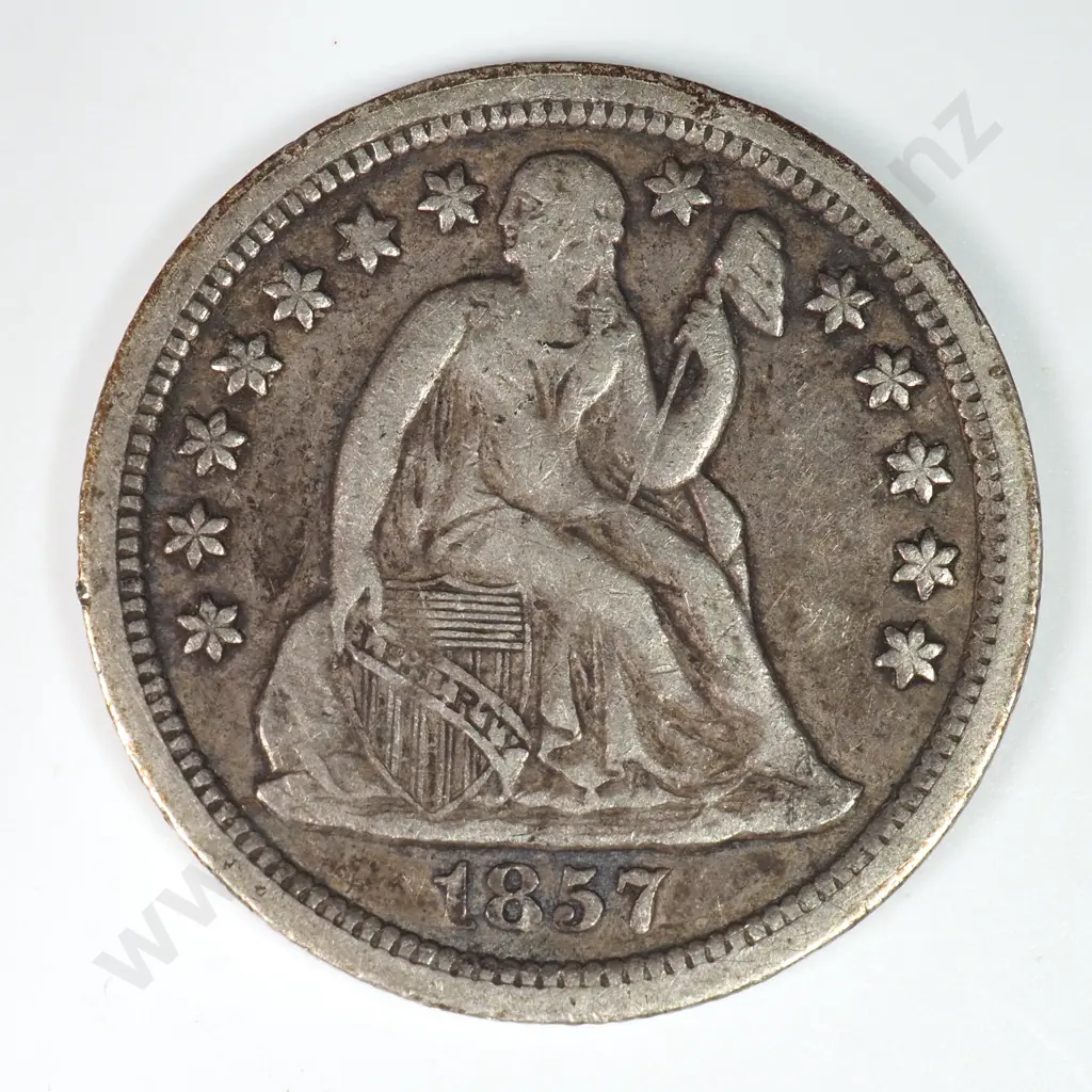 Dime - Capped Bust & Seated Liberty: 1857 - Very Fine. C.V USD $42 ( NZD $70 ) Image 1++