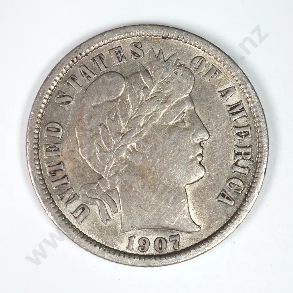 Barber Dime: 1907 - Extremely Fine. C.V USD $42 ( NZD $70 ) Image 1++