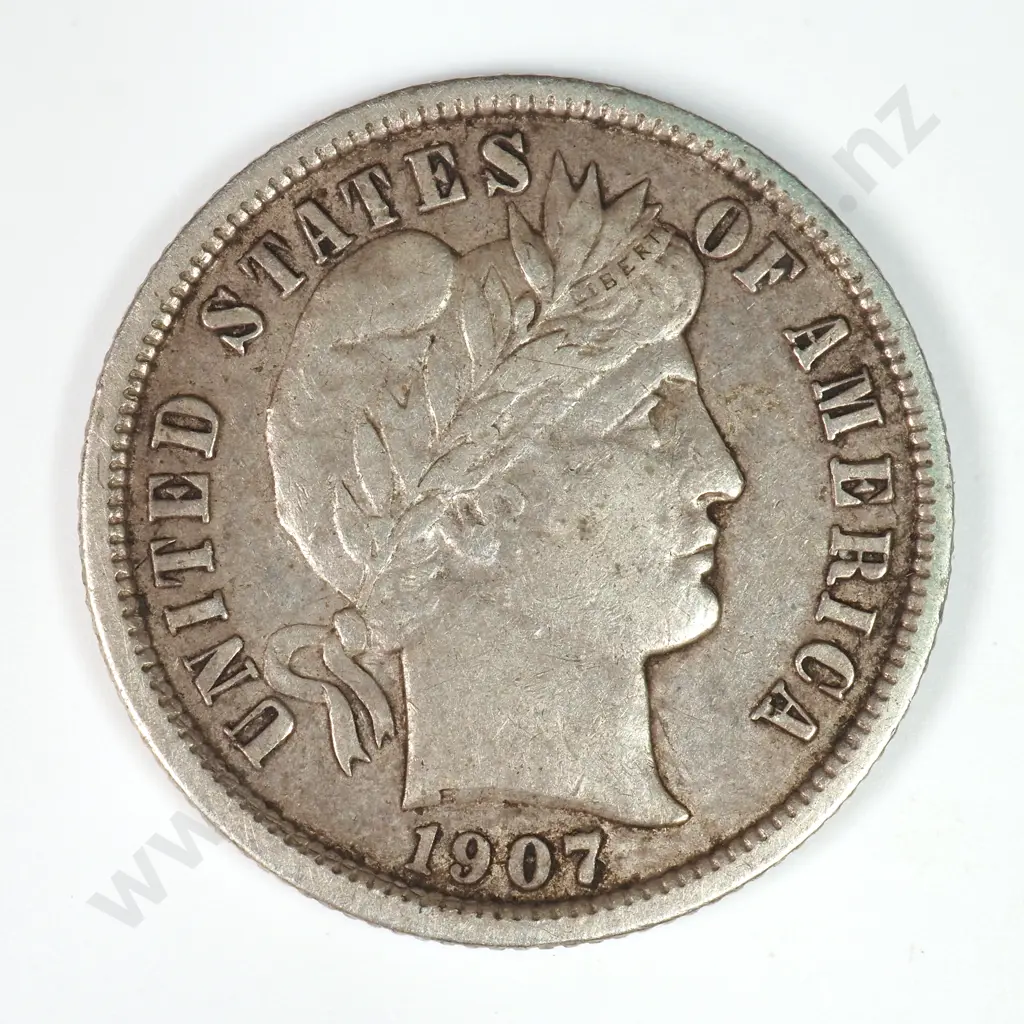 Barber Dime: 1907 D - Very Fine. C.V USD $42 ( NZD $70 ) Image 1++