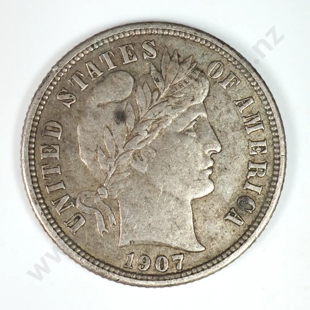 Barber Dime: 1907 S - Very Fine. C.V USD $60 ( NZD $105 ) Image 1++