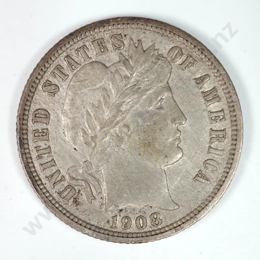 Barber Dime: 1908 - Almost Uncirculated. C.V USD $96 ( NZD $165 ) Image 1++