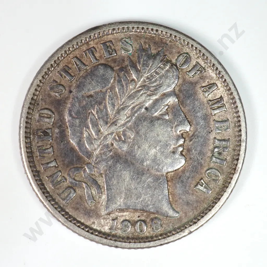 Barber Dime: 1908 D - Extremely Fine. C.V USD $54 ( NZD $95 ) Image 1++