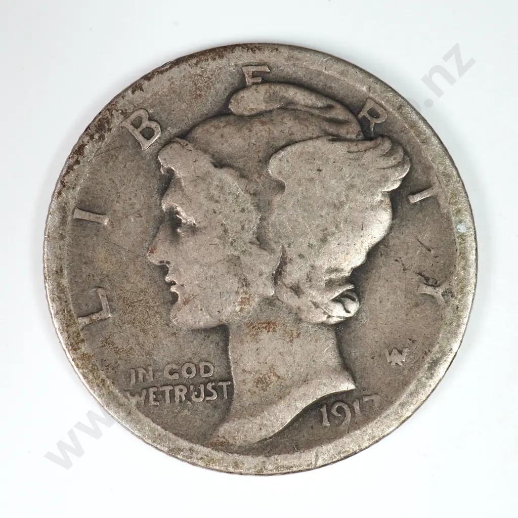 Mercury Dime: 1917 D - Fine. C.V USD $18 ( NZD $30 ) Image 1++