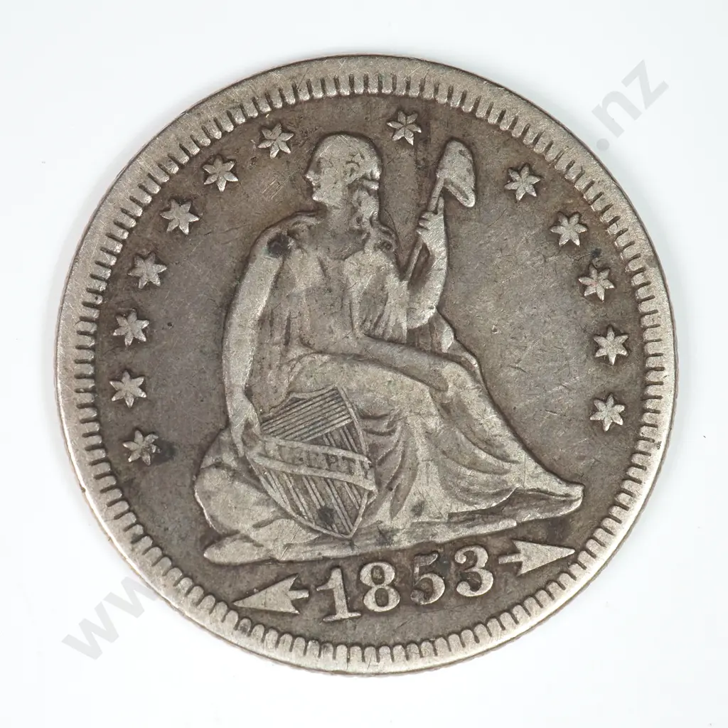 Capped Bust & Seated Liberty Quarter Dollar: 1853 Rays Around Eagle - Very Fine. C.V USD $71 ( NZD $125 ) Image 1++