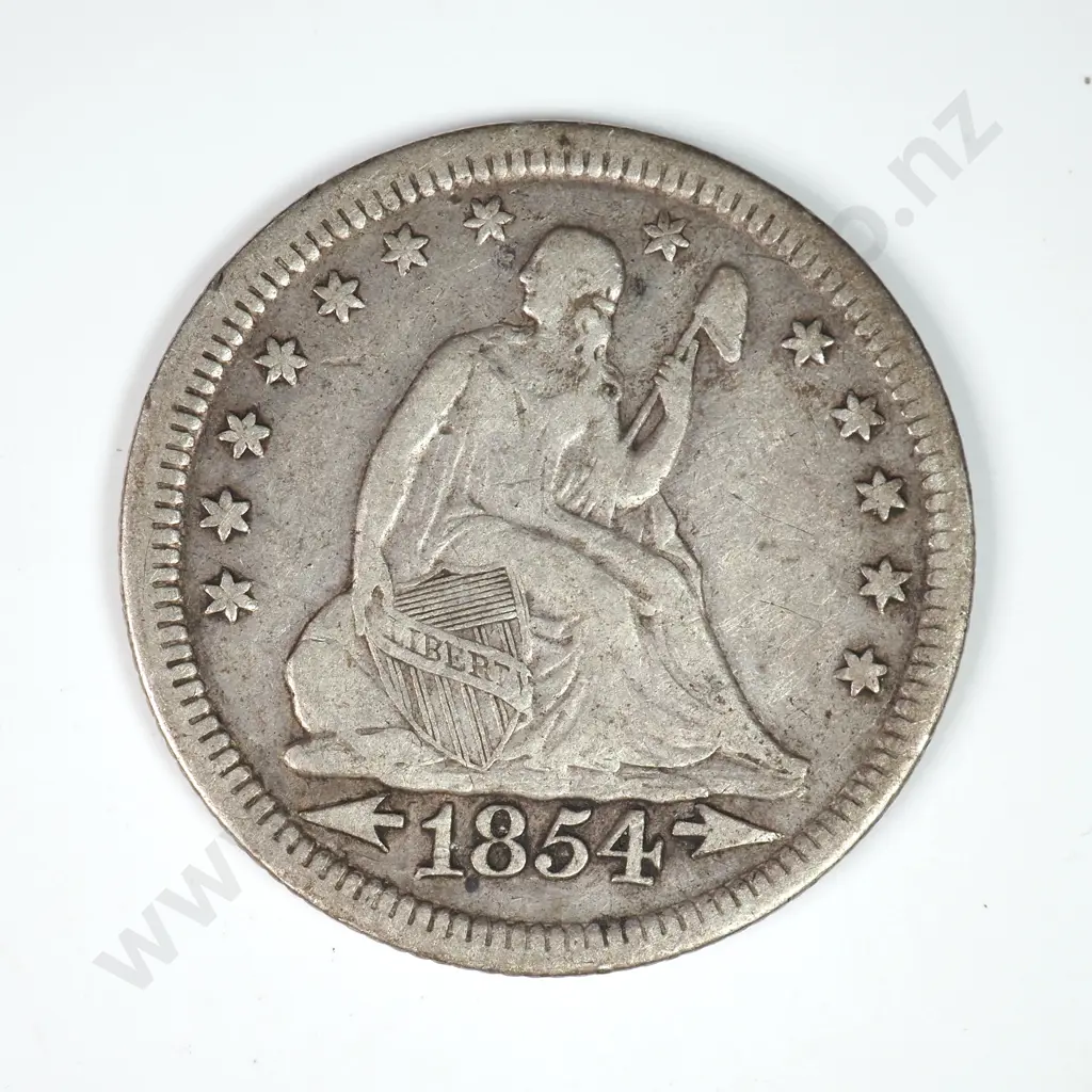 Capped Bust & Seated Liberty Quarter Dollar: 1854 - Very Fine. C.V USD $66 ( NZD $115 ) Image 1++