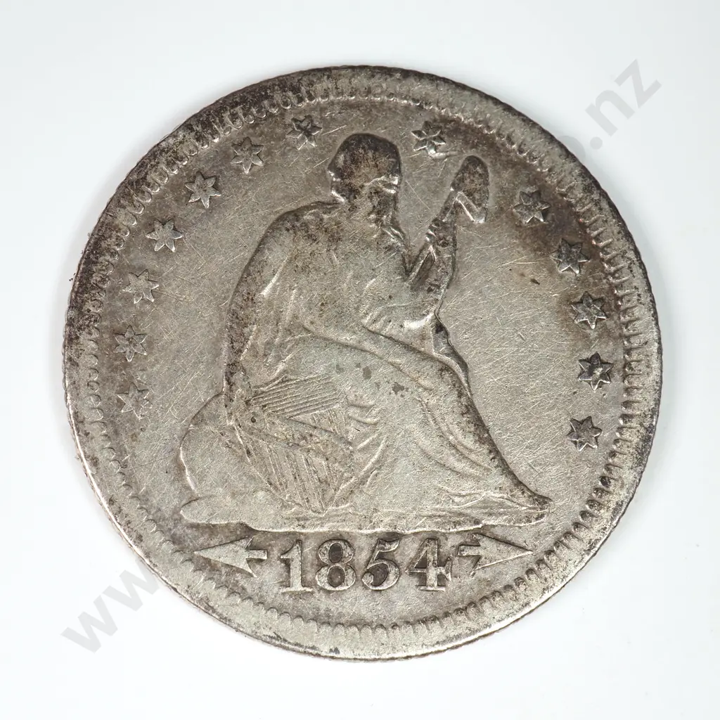 Capped Bust & Seated Liberty Quarter Dollar: 1854 O - Very Good. C.V USD $79 ( NZD $135 ) Image 1++
