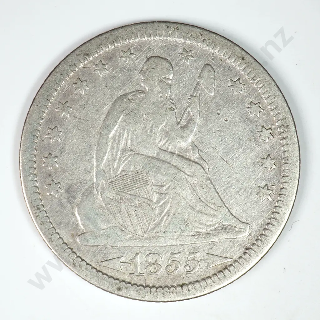 Capped Bust & Seated Liberty Quarter Dollar: 1855 - Fine. C.V USD $60 ( NZD $105 ) Image 1++