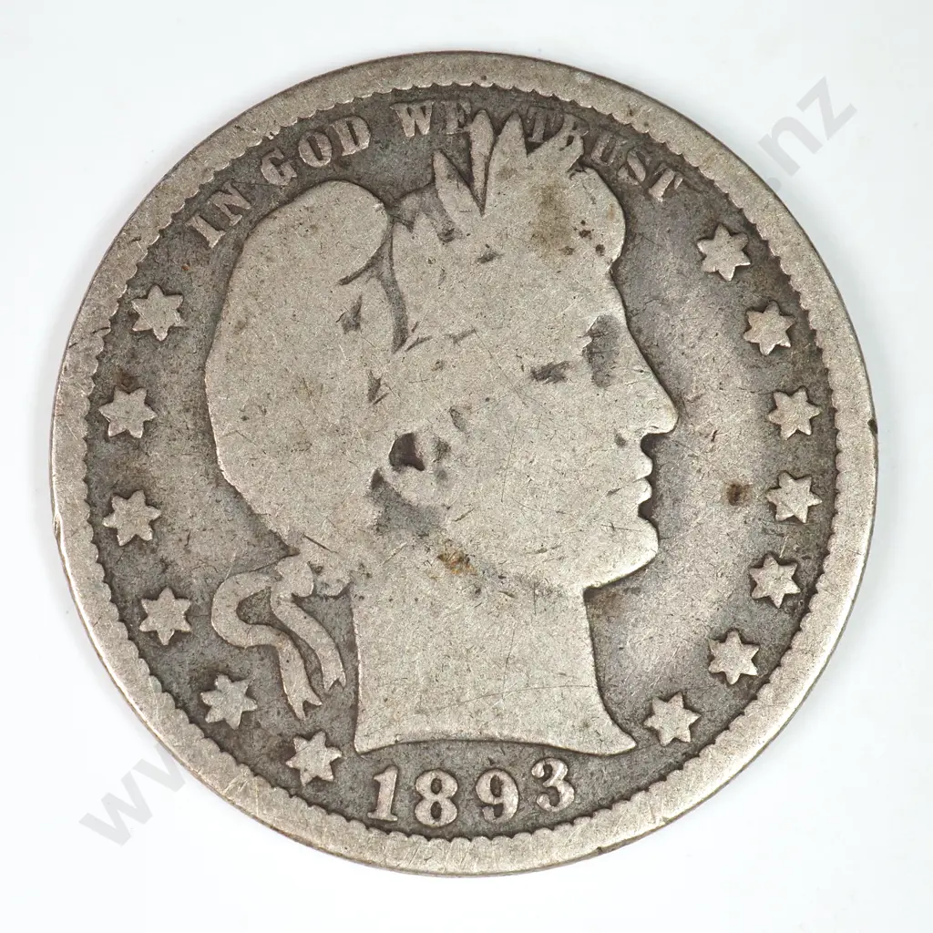 Barber Quarter Dollar: 1893 O - Very Good. C.V USD $29 ( NZD $50 ) Image 1++