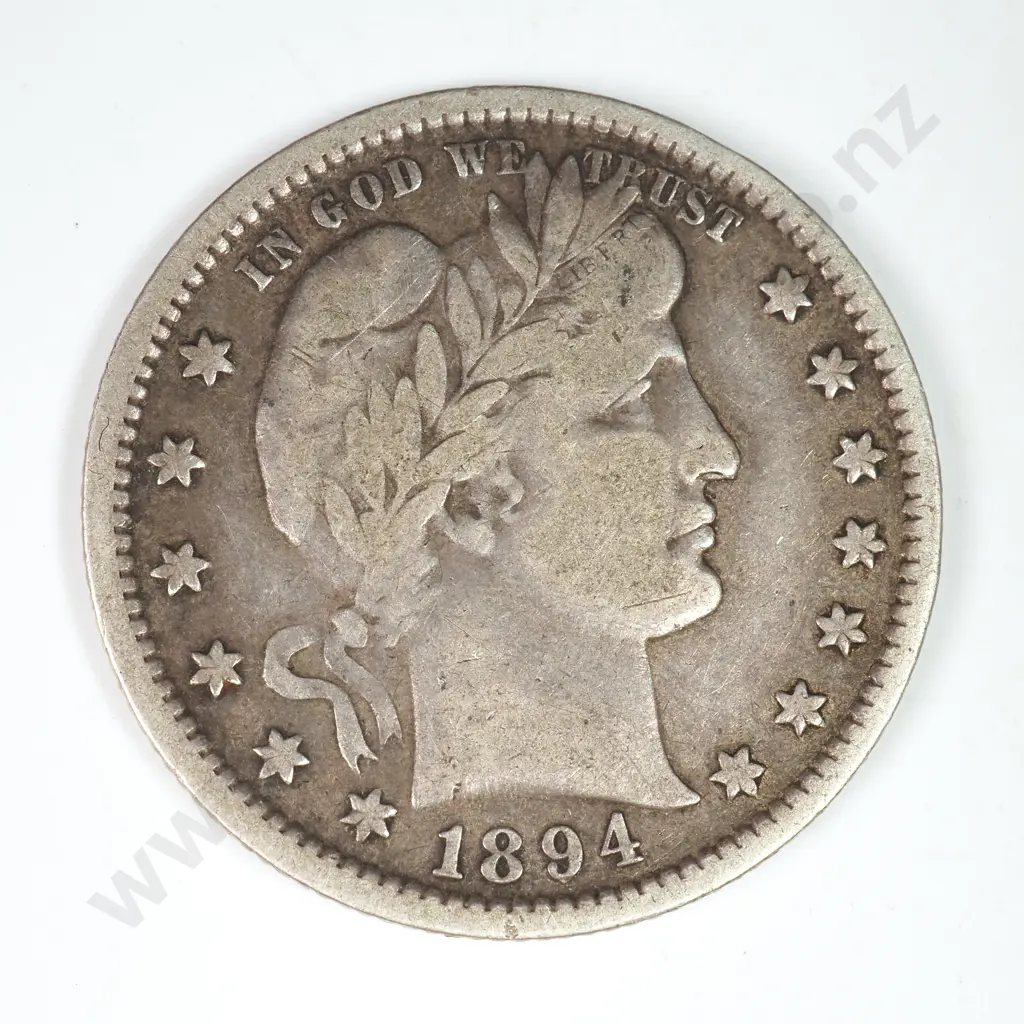 Barber Quarter Dollar: 1894 - Very Fine. C.V USD $79 ( NZD $135 ) Image 1++
