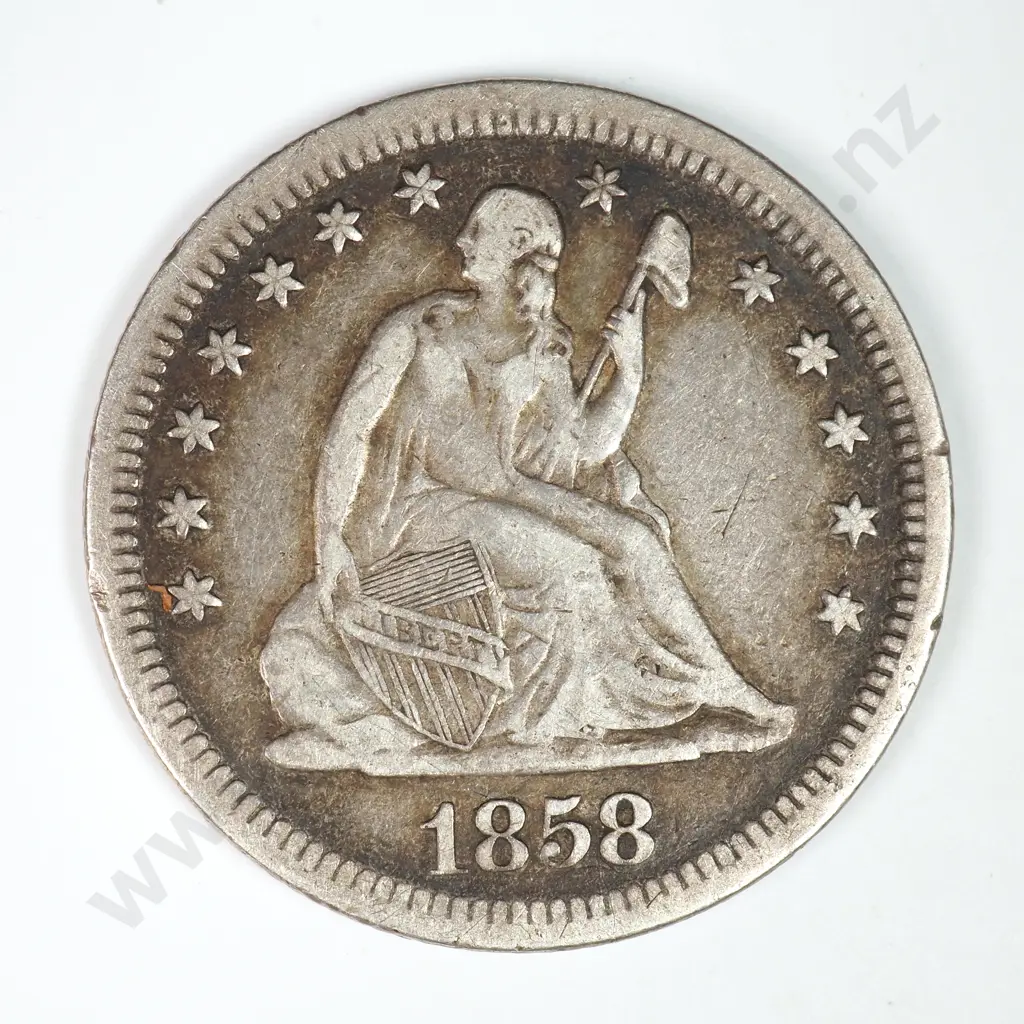 Capped Bust & Seated Liberty Quarter Dollar: 1858 - Fine. C.V USD $60 ( NZD $105 ) Image 1++