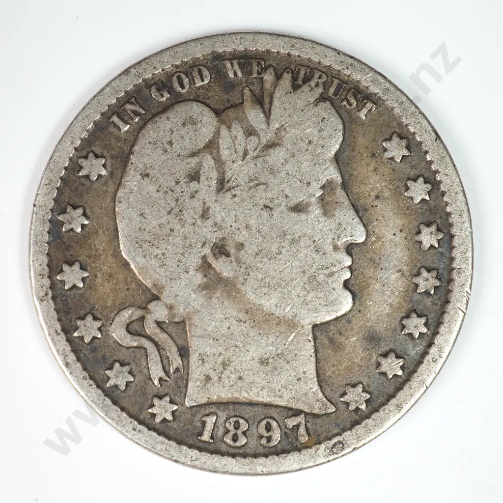 Barber Quarter Dollar: 1897 - Very Good. C.V USD $29 ( NZD $50 ) Image 1++