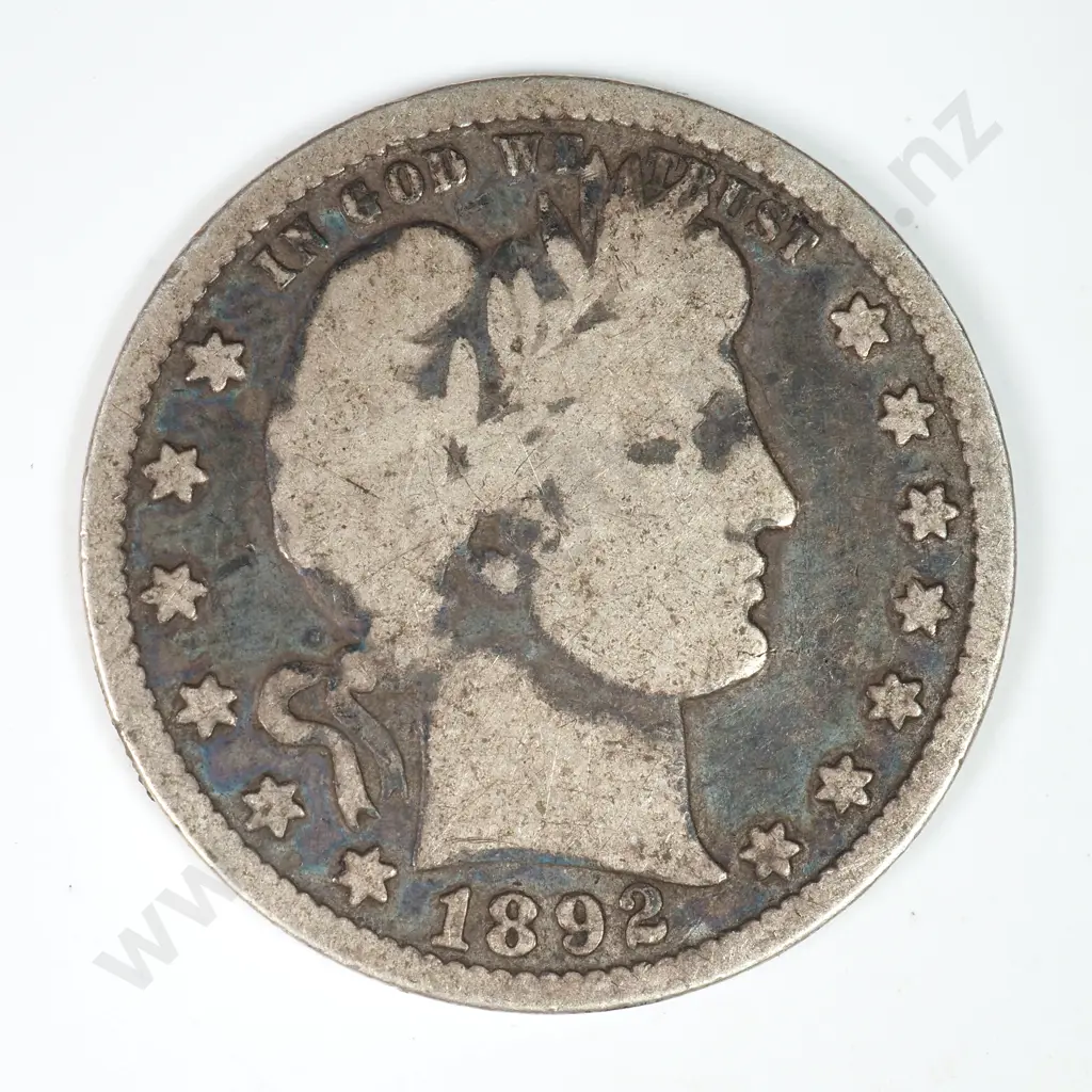 Barber Quarter Dollar: 1892 - Very Good. C.V USD $29 ( NZD $50 ) Image 1++