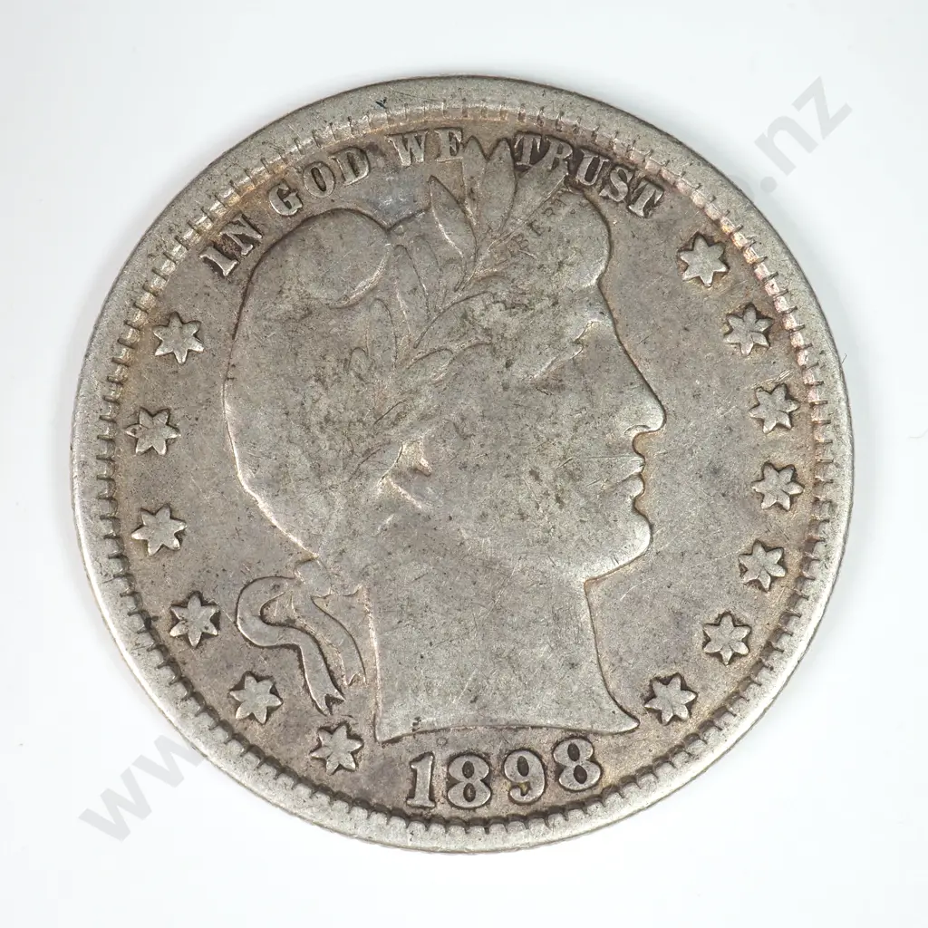 Barber Quarter Dollar: 1898 - Fine. C.V USD $44 ( NZD $75 ) Image 1++