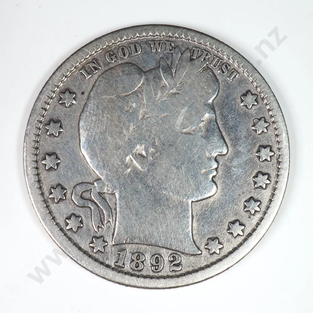 Barber Quarter Dollar: 1892 S - Cleaned Else Fine. Image 1++