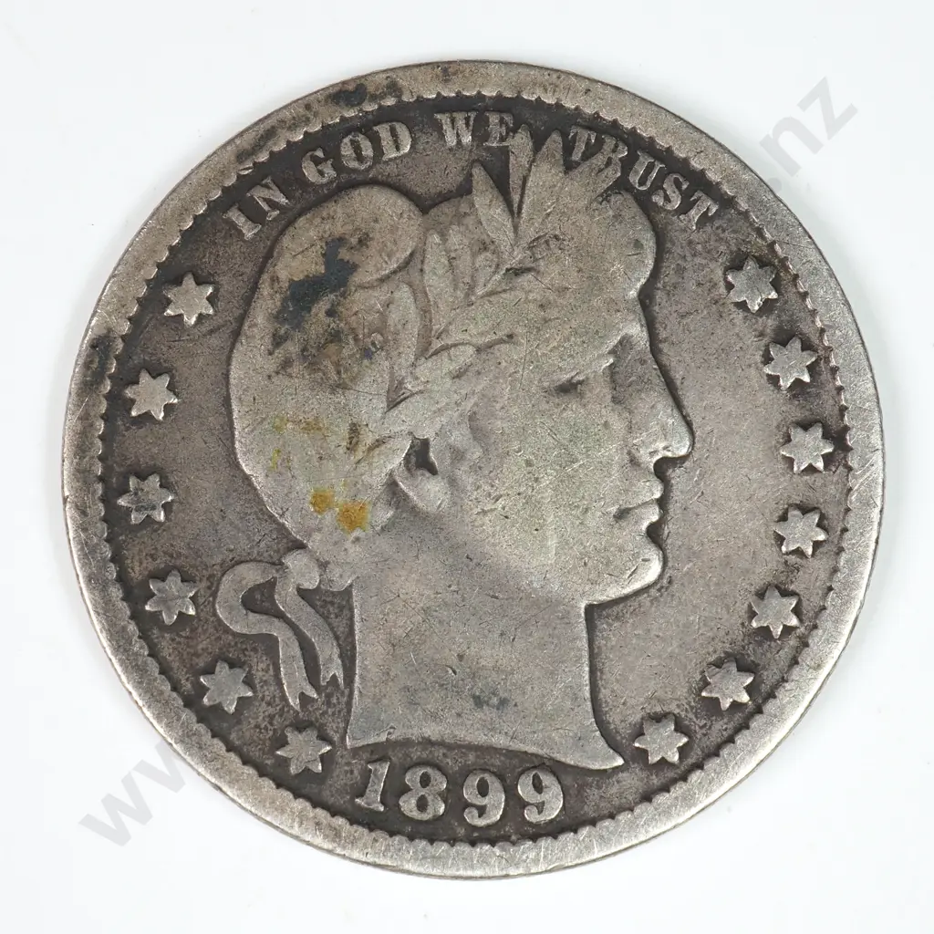 Barber Quarter Dollar: 1899 - Fine. C.V USD $44 ( NZD $75 ) Image 1++