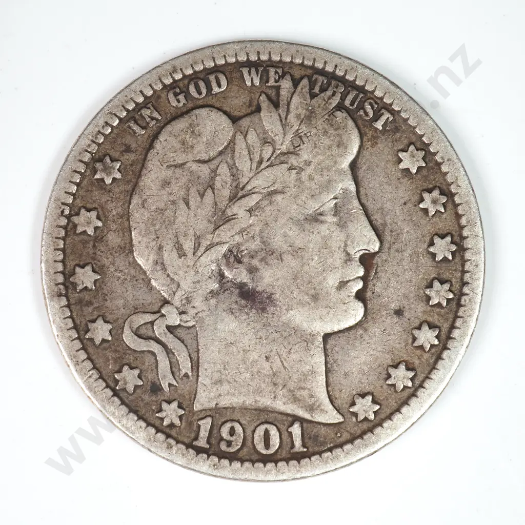 Barber Quarter Dollar: 1901 - Fine. C.V USD $44 ( NZD $75 ) Image 1++