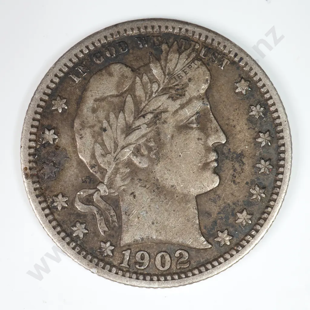 Barber Quarter Dollar: 1902 - Dark Very Fine. C.V USD $66 ( NZD $115 ) Image 1++
