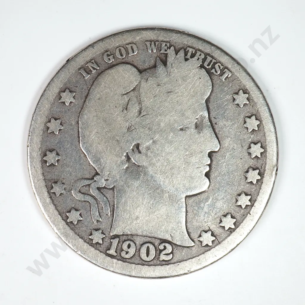 Barber Quarter Dollar: 1902 O - Very Good. C.V USD $31 ( NZD $55 ) Image 1++