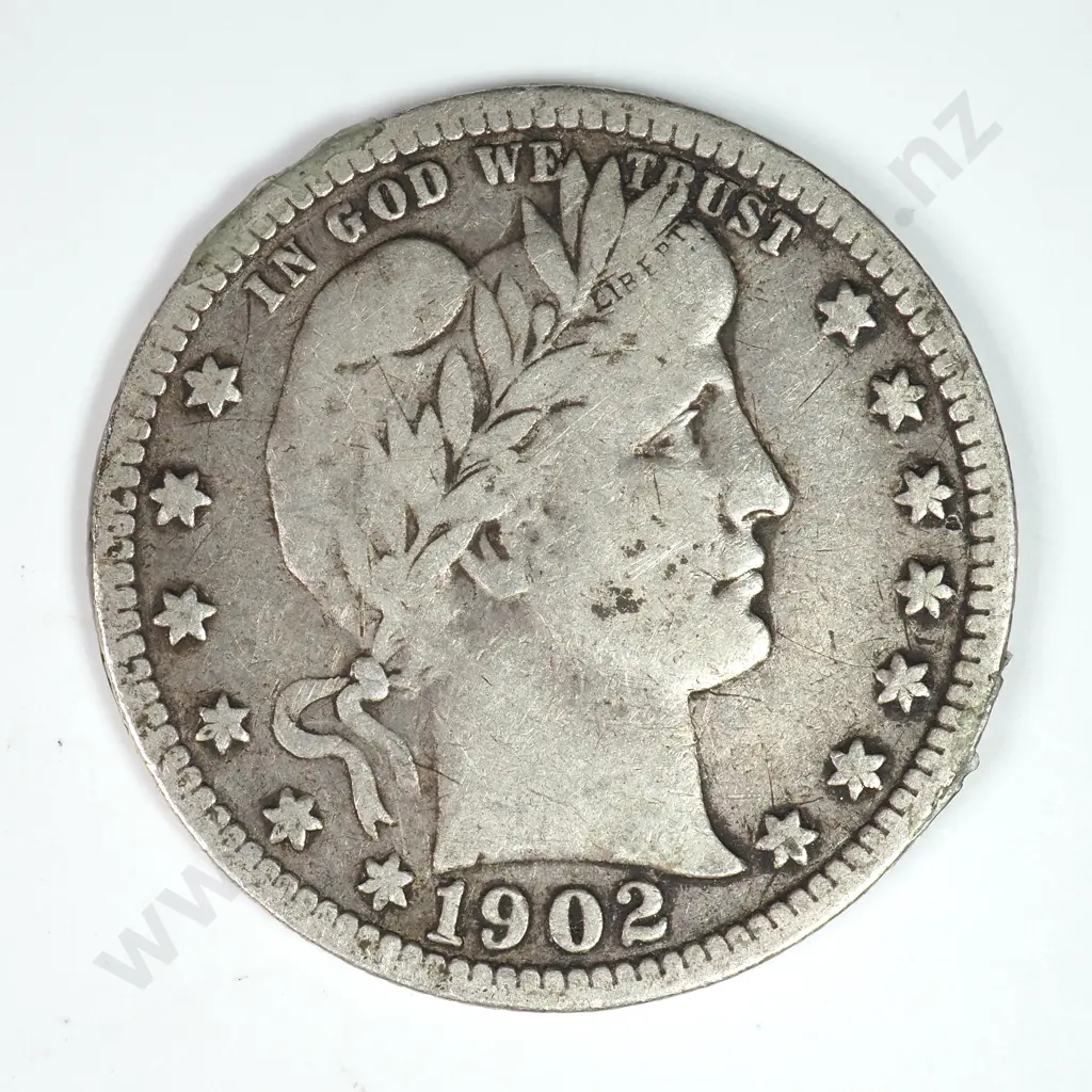Barber Quarter Dollar: 1902 S - Fine. C.V USD $83 ( NZD $145 ) Image 1++