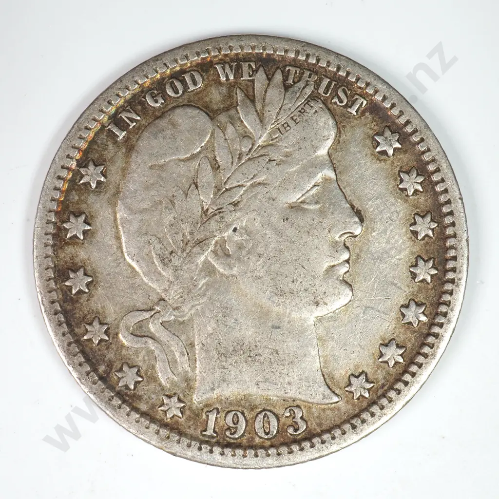 Barber Quarter Dollar: 1903 - Very Fine. C.V USD $66 ( NZD $115 ) Image 1++