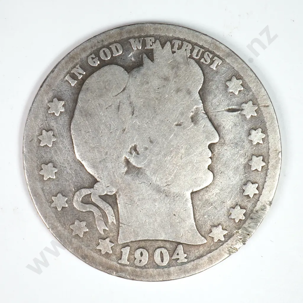 Barber Quarter Dollar: 1904 O - Good. C.V USD $53 ( NZD $90 ) Image 1++