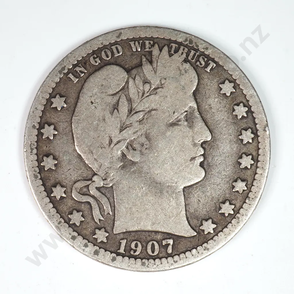 Barber Quarter Dollar: 1907 D - Fine. C.V USD $44 ( NZD $75 ) Image 1++