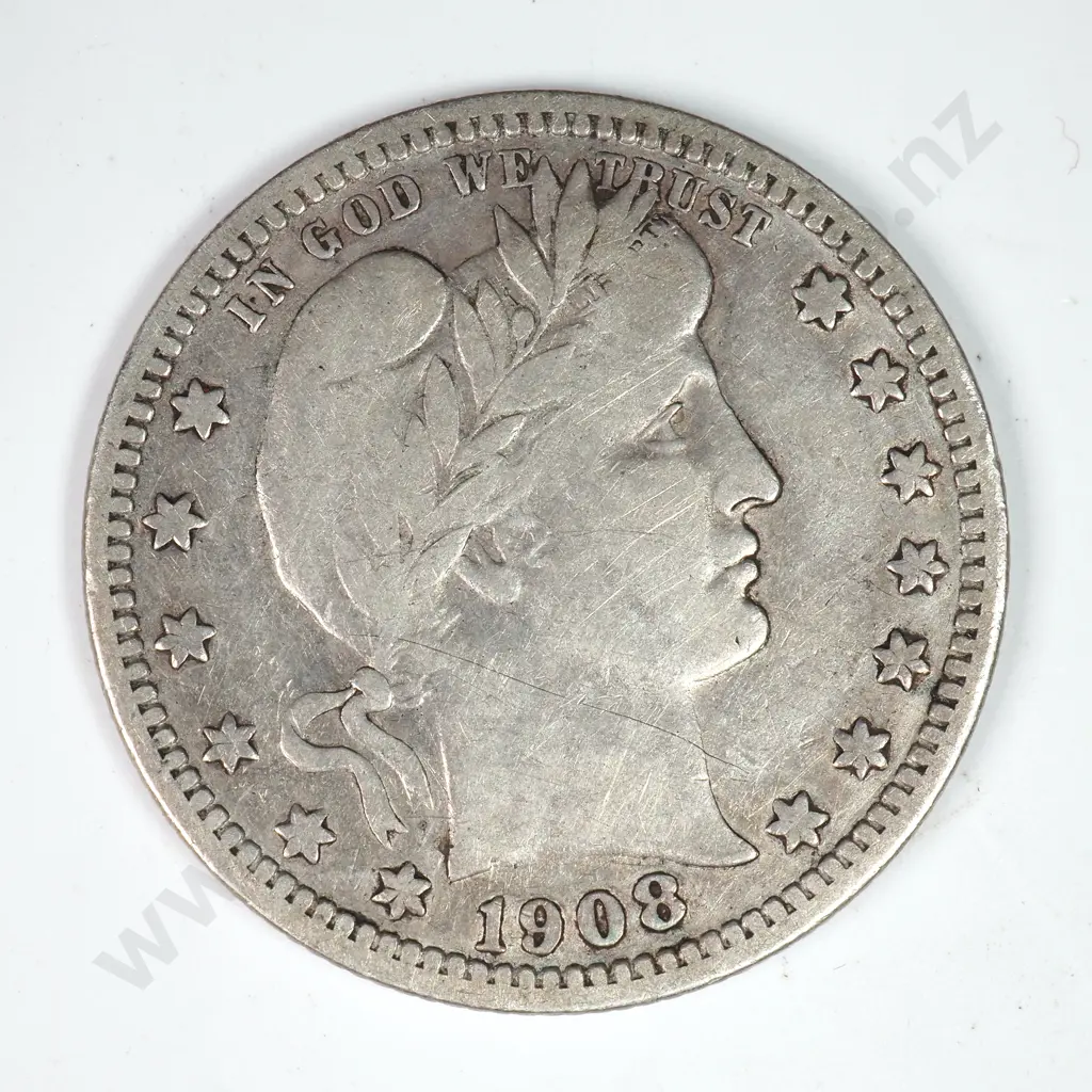 Barber Quarter Dollar: 1908 O - Fine. C.V USD $44 ( NZD $75 ) Image 1++