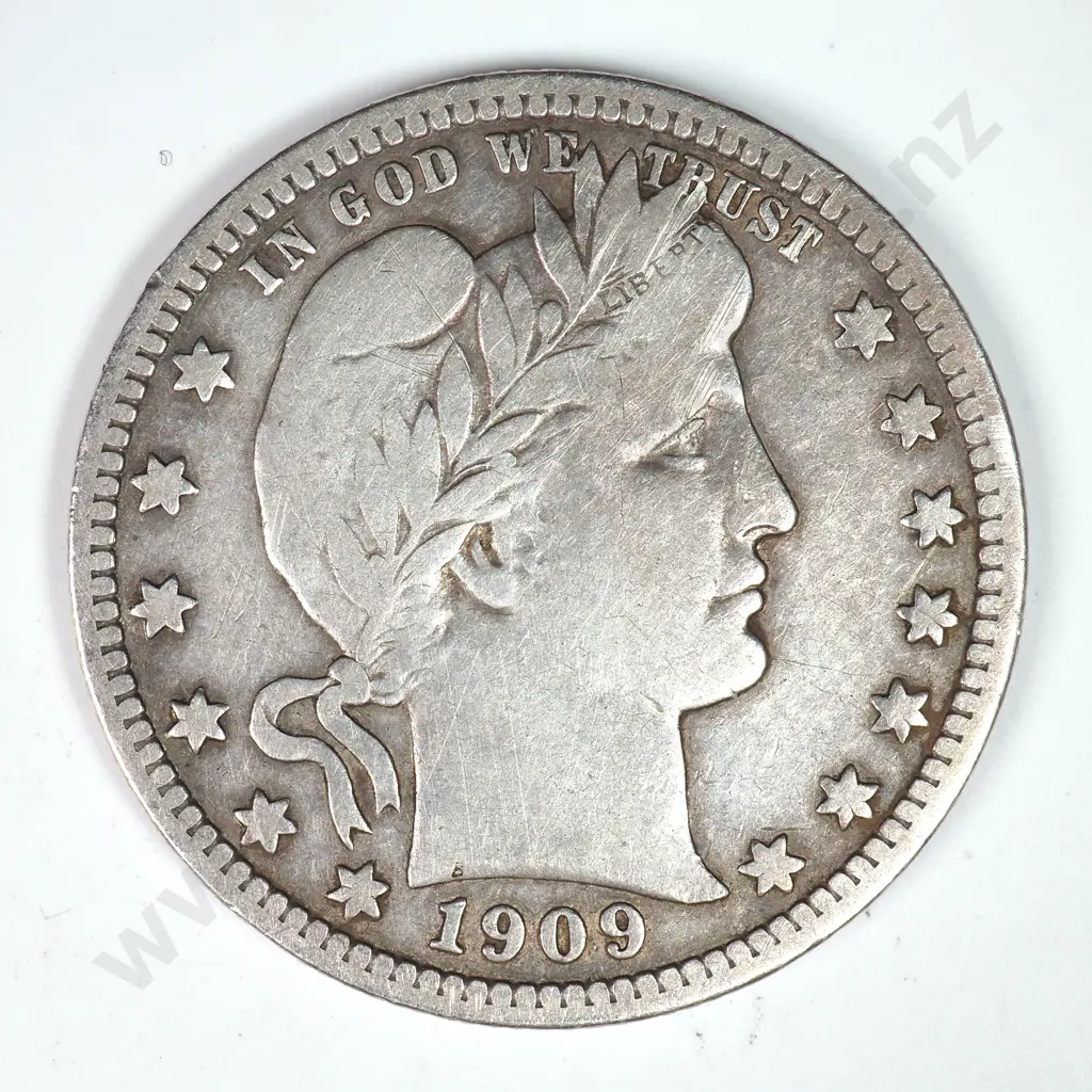 Barber Quarter Dollar: 1909 - Fine. C.V USD $44 ( NZD $75 ) Image 1++