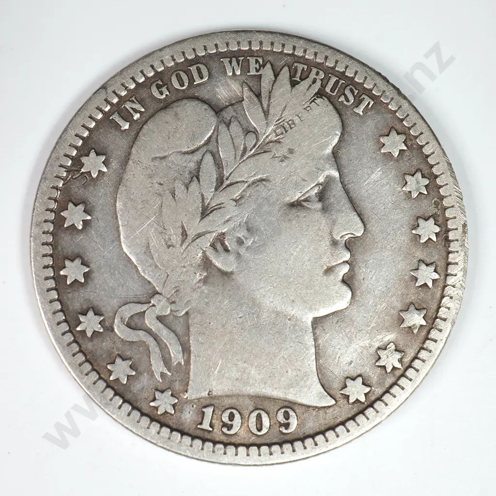 Barber Quarter Dollar: 1909 D - Very Fine. C.V USD $66 ( NZD $115 ) Image 1++