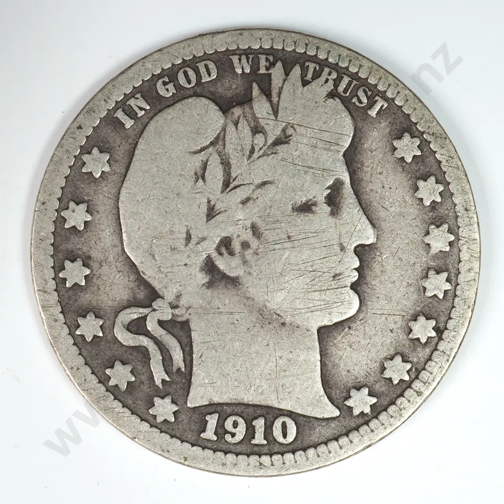 Barber Quarter Dollar: 1910 - Very Good. C.V USD $25 ( NZD $45 ) Image 1++