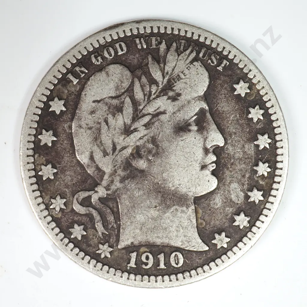 Barber Quarter Dollar: 1910 D - Dark Fine. C.V USD $31 ( NZD $55 ) Image 1++