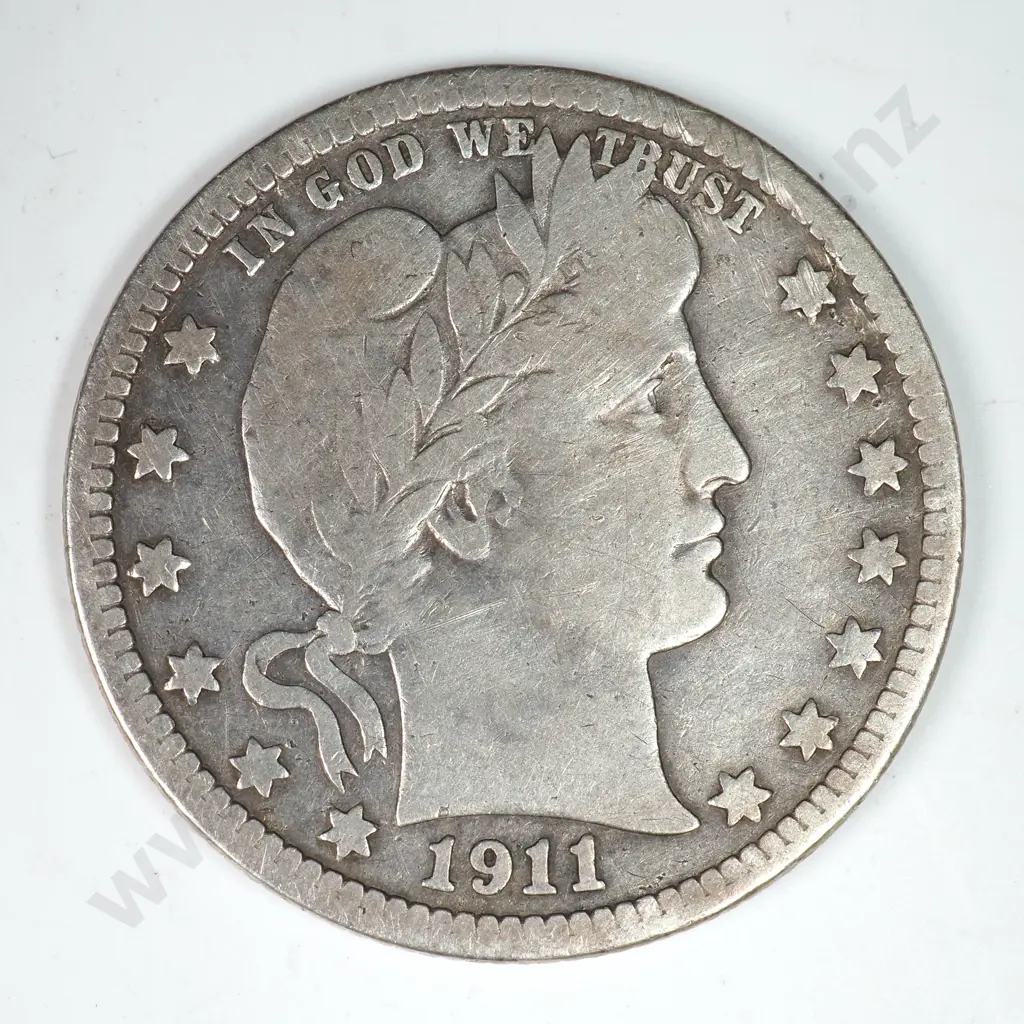 Barber Quarter Dollar: 1911 D - Reverse Rim Bruise Else Fine. Image 1++