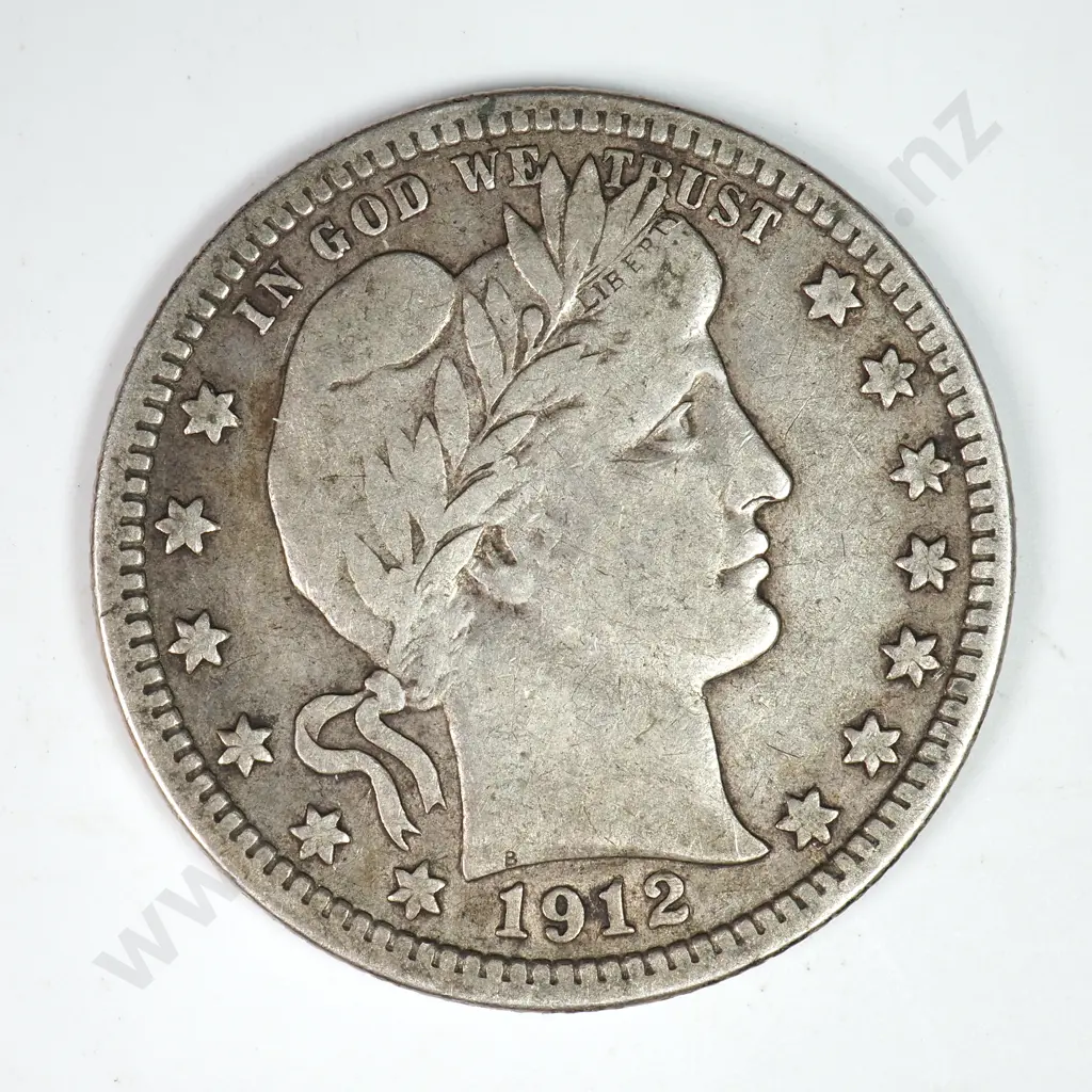 Barber Quarter Dollar: 1912 - Very Fine. C.V USD $66 ( NZD $115 ) Image 1++