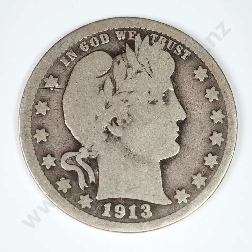 Barber Quarter Dollar: 1913 - Very Good. C.V USD $71 ( NZD $125 ) Image 1++
