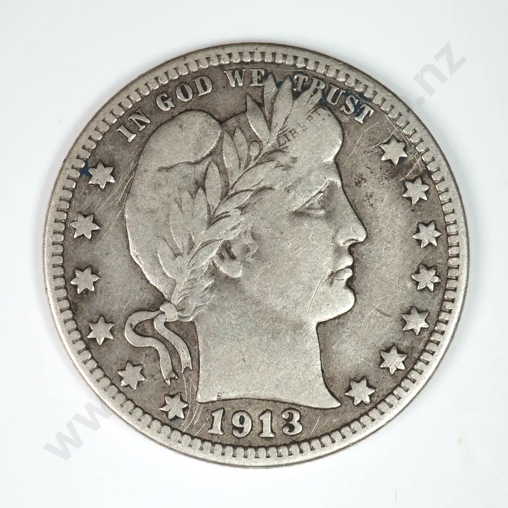 Barber Quarter Dollar: 1913 D - Very Fine. C.V USD $83 ( NZD $145 ) Image 1++