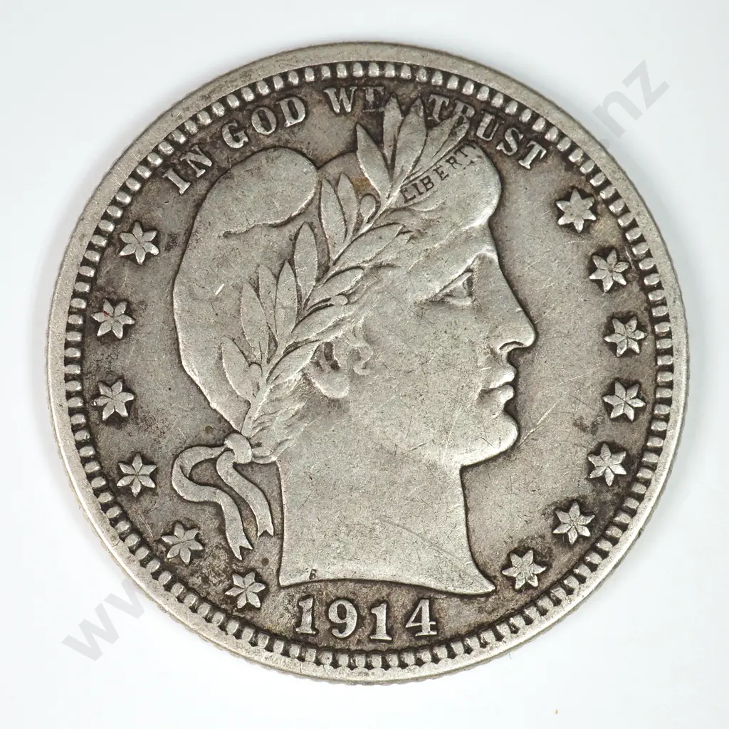 Barber Quarter Dollar: 1914 - Very Fine. C.V USD $66 ( NZD $115 ) Image 1++