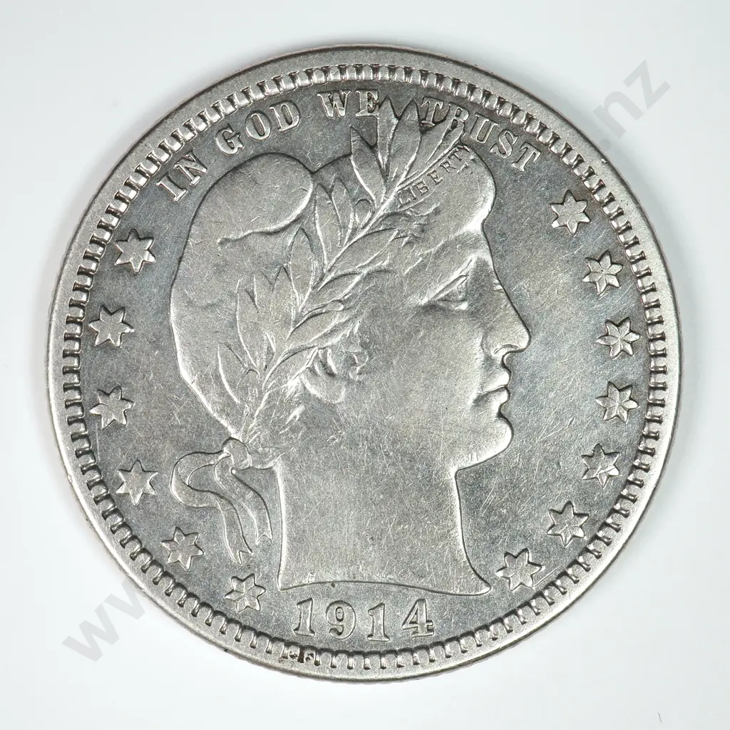 Barber Quarter Dollar: 1914 D - Very Fine. C.V USD $66 ( NZD $115 ) Image 1++