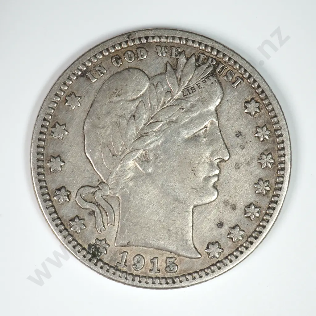 Barber Quarter Dollar: 1915 D - Very Fine. C.V USD $66 ( NZD $115 ) Image 1++