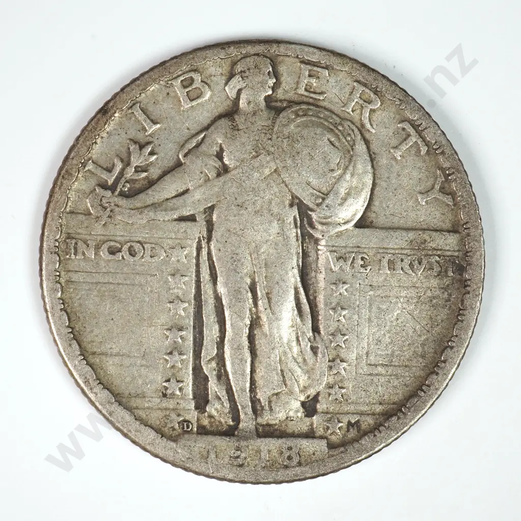Standing Liberty Quarter Dollar: 1918 D - Fine. C.V USD $83 ( NZD $145 ) Image 1++