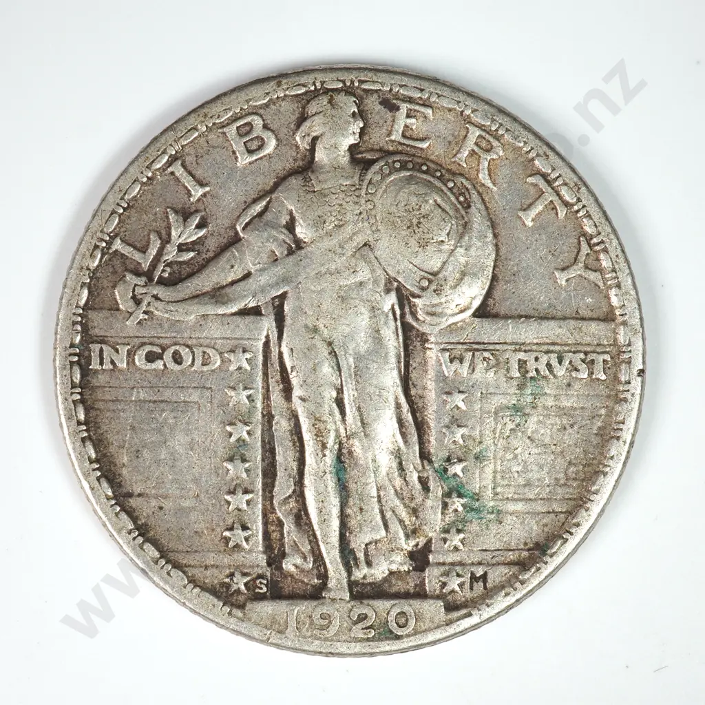 Standing Liberty Quarter Dollar: 1920 S - Very Fine. C.V USD $71 ( NZD $125 ) Image 1++