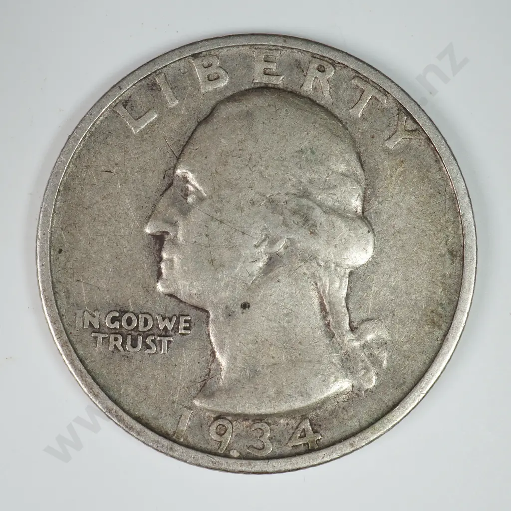 Washington Quarter Dollar: 1934 D - Very Fine. C.V USD $25 ( NZD $45 ) Image 1++