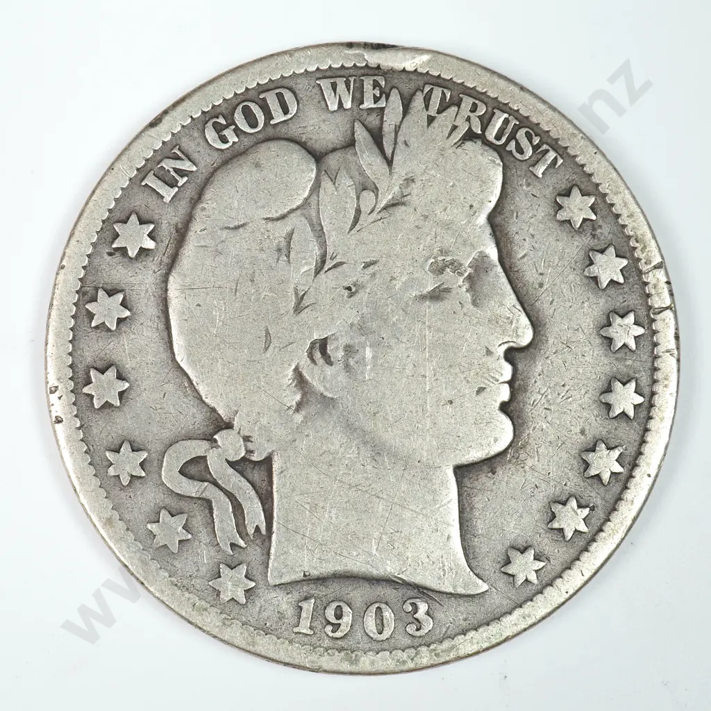 Barber Half Dollar: 1903 S - Rim Ding Else Very Good. Image 1++
