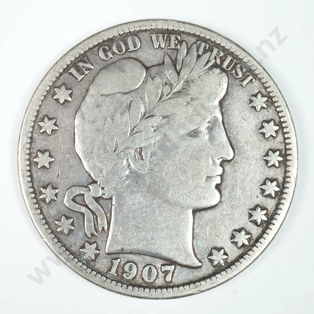 Barber Half Dollar: 1907 - Cleaned Else Fine. Image 1++