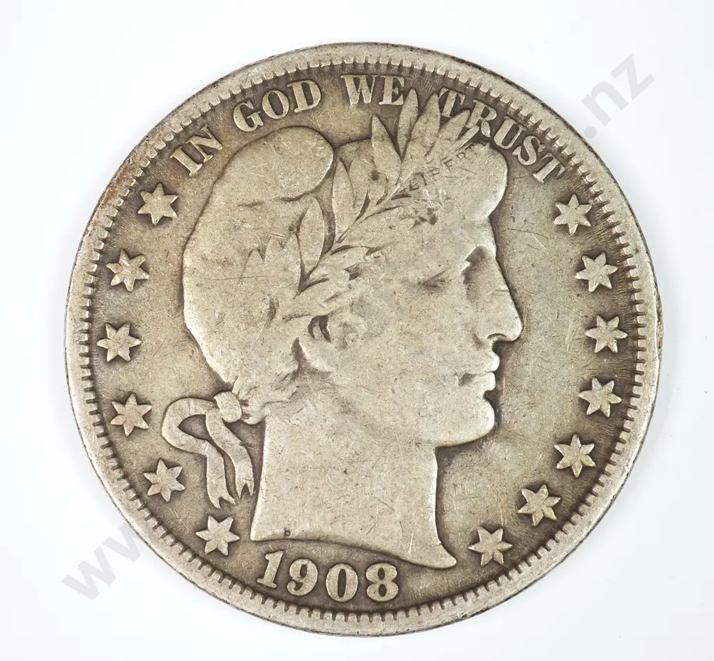 Barber Half Dollar: 1908 O - Fine. C.V USD $81 ( NZD $140 ) Image 1++