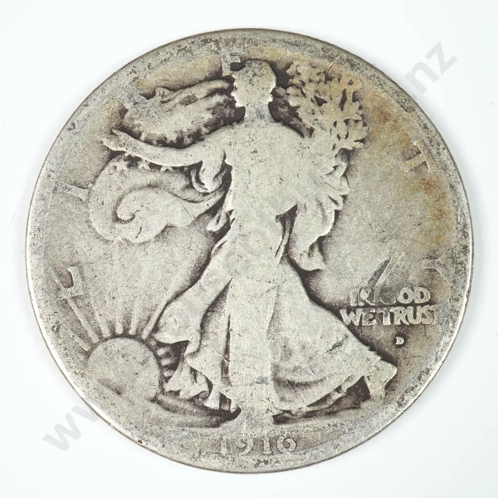 Walking Liberty Half Dollar: 1916 D - Good. C.V USD $89 ( NZD $155 ) Image 1++