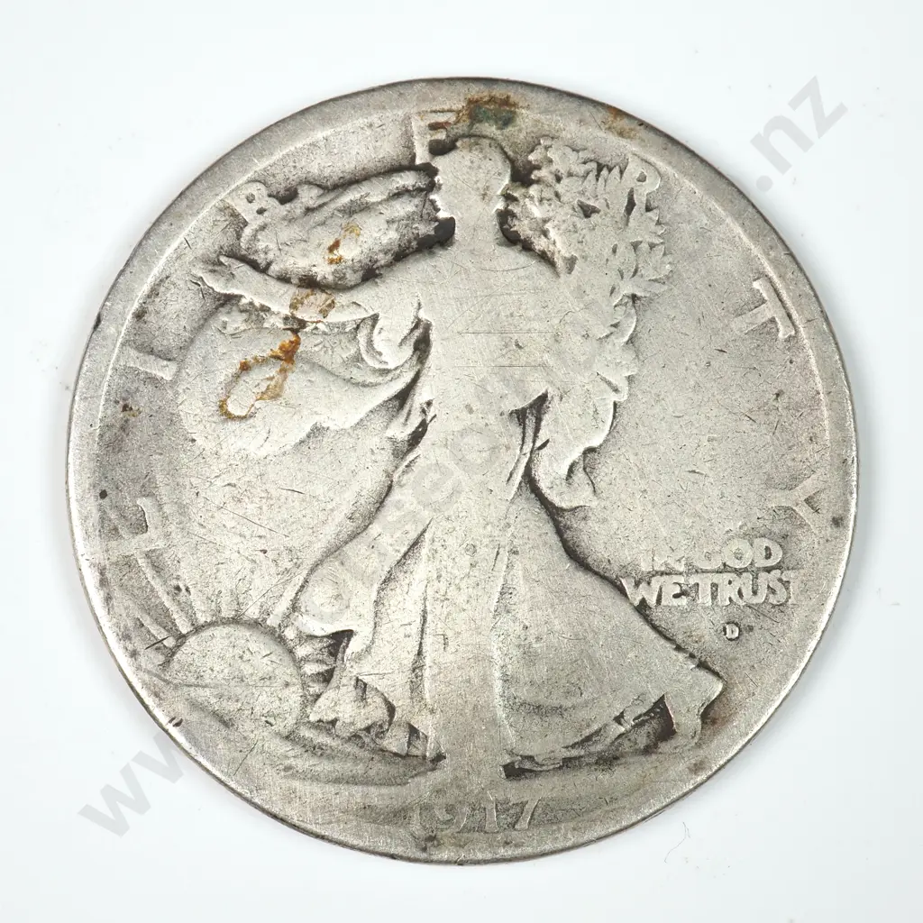 Walking Liberty Half Dollar: 1917 D Mintmark Obverse - Good. C.V USD $63 ( NZD $110 ) Image 1++
