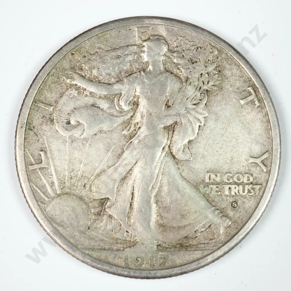 Walking Liberty Half Dollar: 1917 S Mintmark Obverse - Very Fine. C.V USD $488 ( NZD $850 ) Image 1++