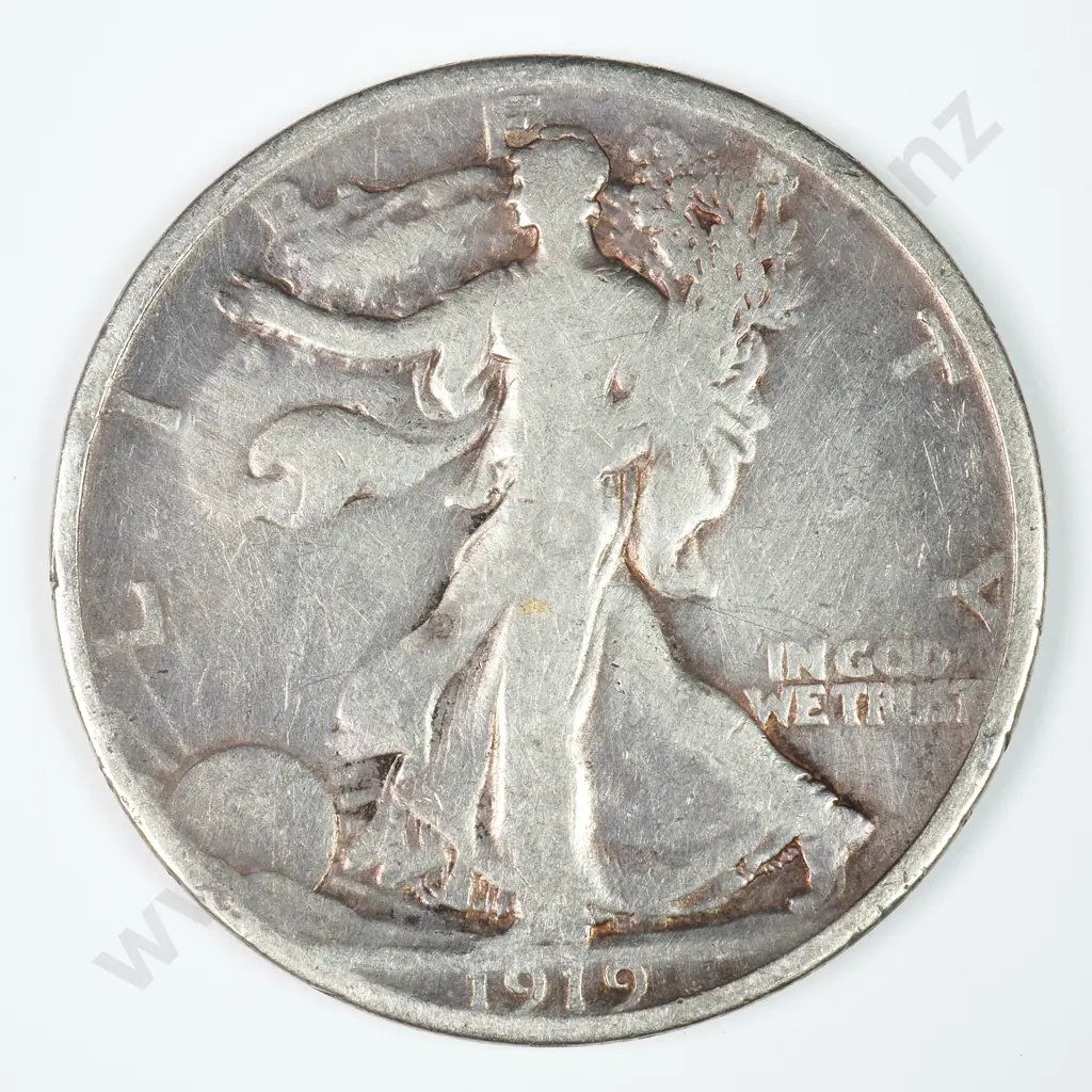 Walking Liberty Half Dollar: 1919 - Very Good. C.V USD $70 ( NZD $120 ) Image 1++