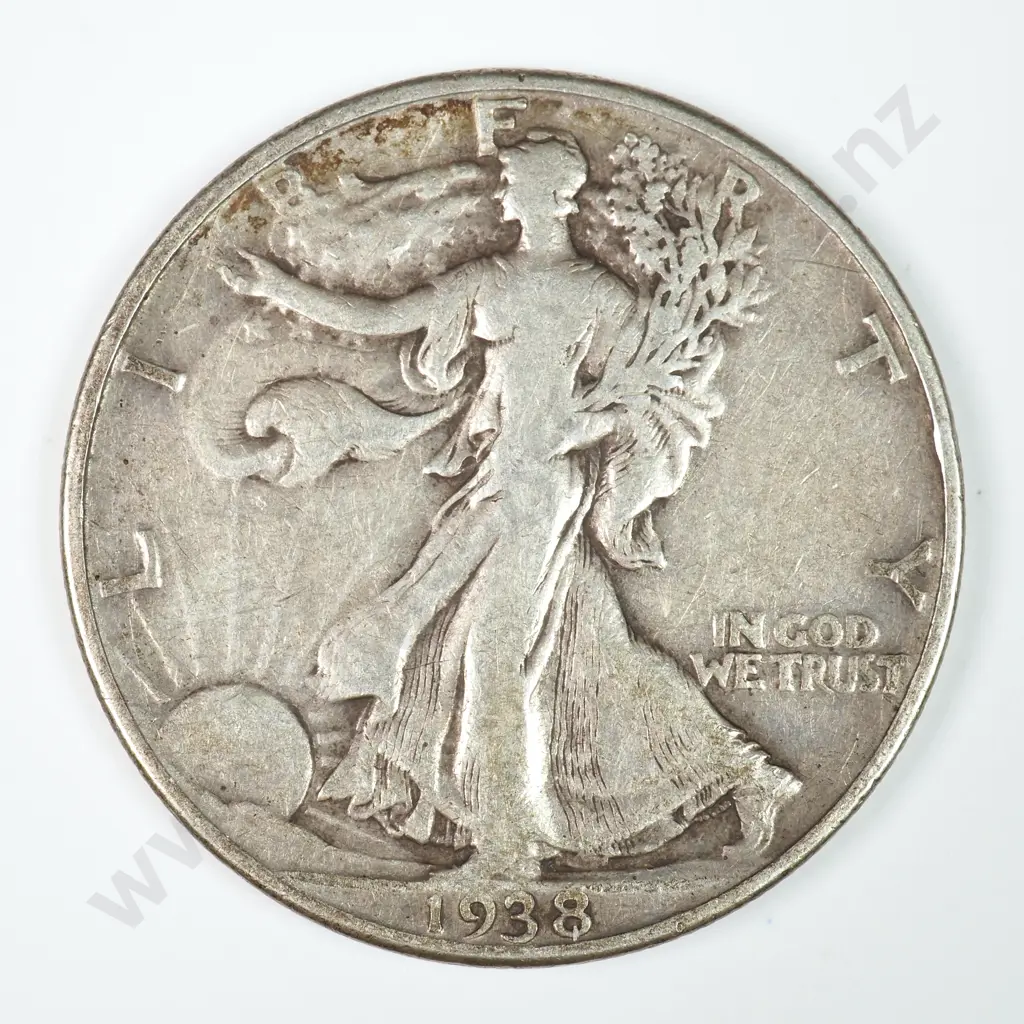 Walking Liberty Half Dollar: 1938 D - Very Fine. C.V USD $143 ( NZD $250 ) Image 1++