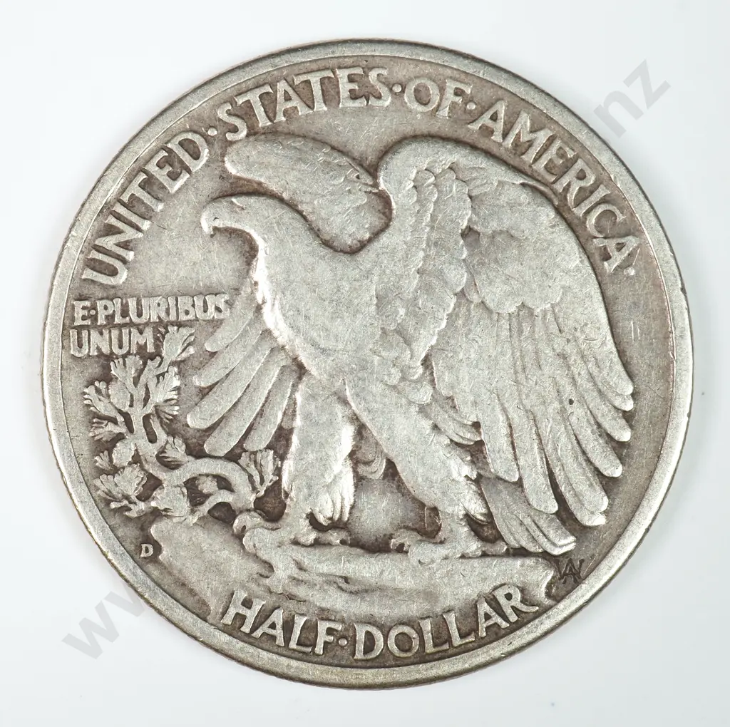 Walking Liberty Half Dollar: 1938 D - Very Fine. C.V USD $143 ( NZD $250 ) Image 1++